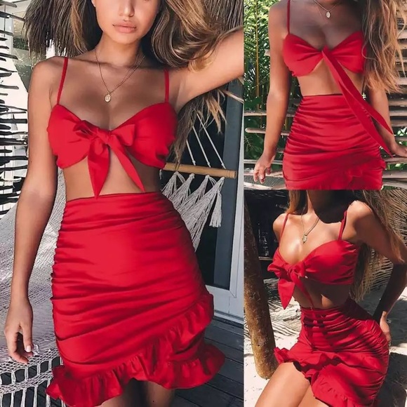 💥HP💥 Ruffles Causal Bow Crop Tops Bodycon Set - Picture 2 of 7